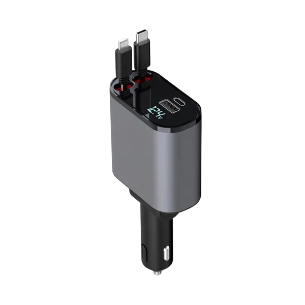 60W 2 Retractable Cables and USB Port Car Charger Fast Charge